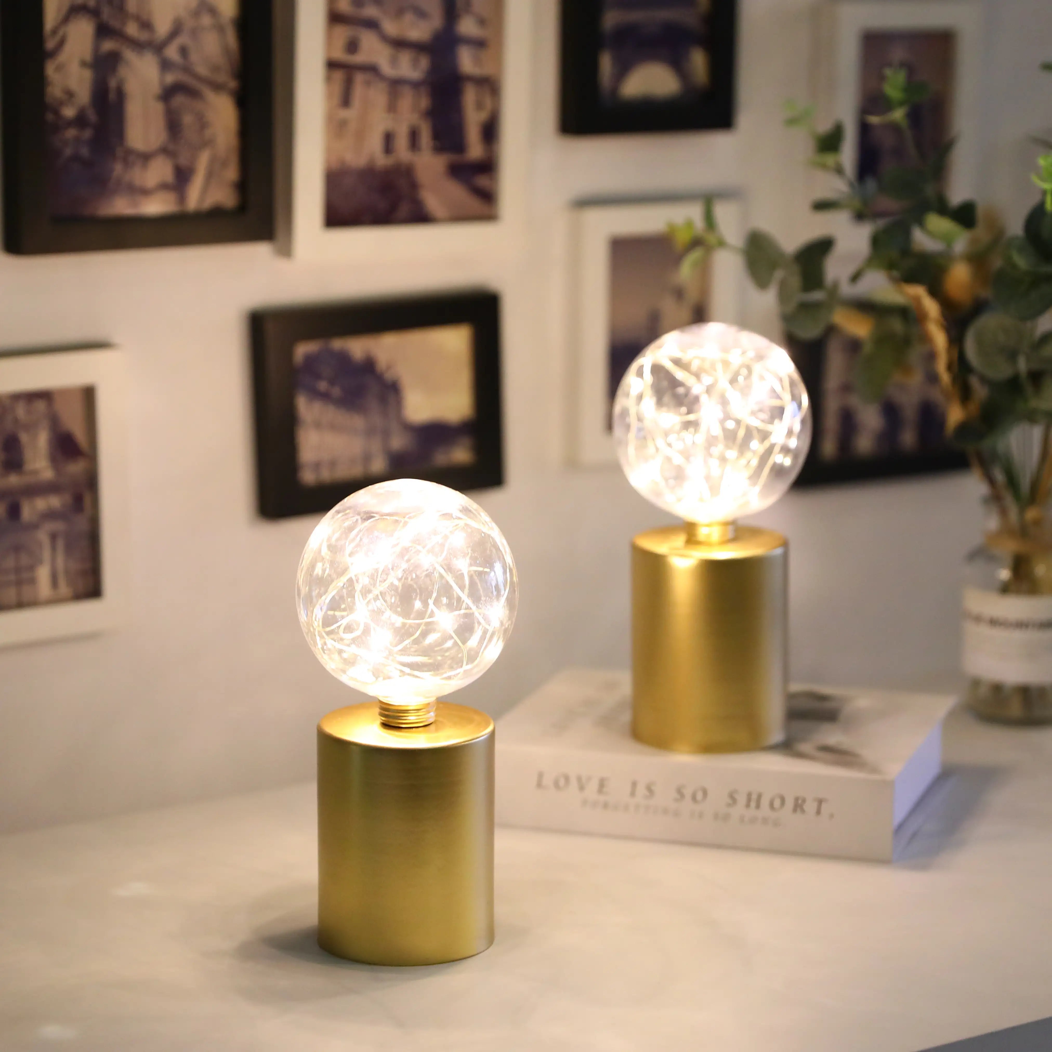 8" Tall Gold Battery Powered Table Lamp（Set of 2 ）