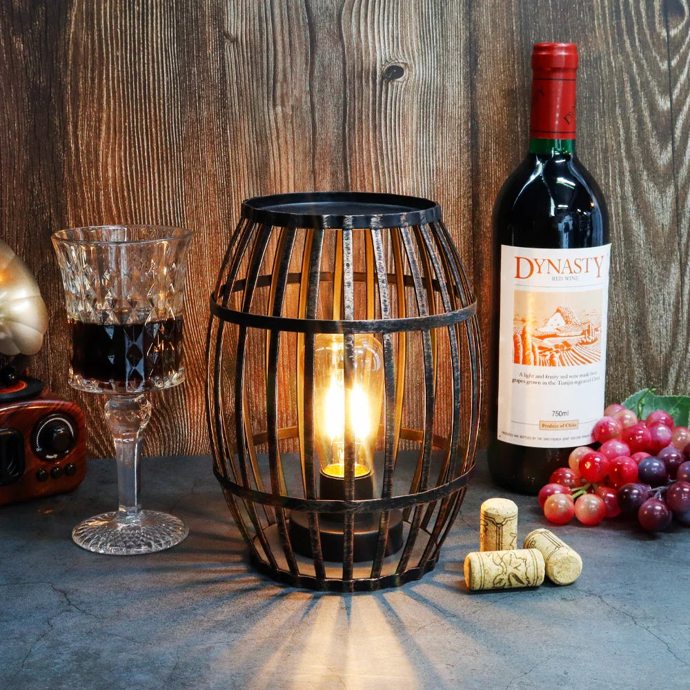 8"H Cordless Metal Wine Barrel Lamp(Black Brushed Gold)
