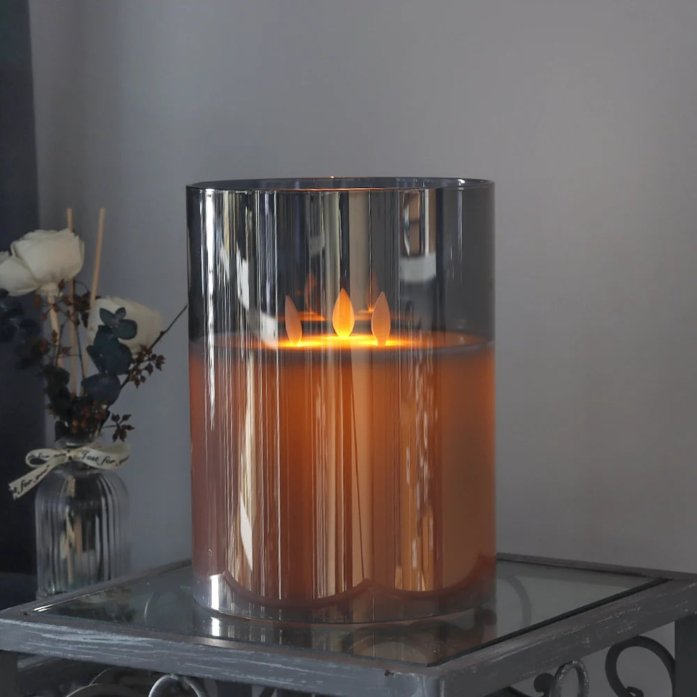 8"High 3-Wick Glass Flameless Candles( Large Gray)