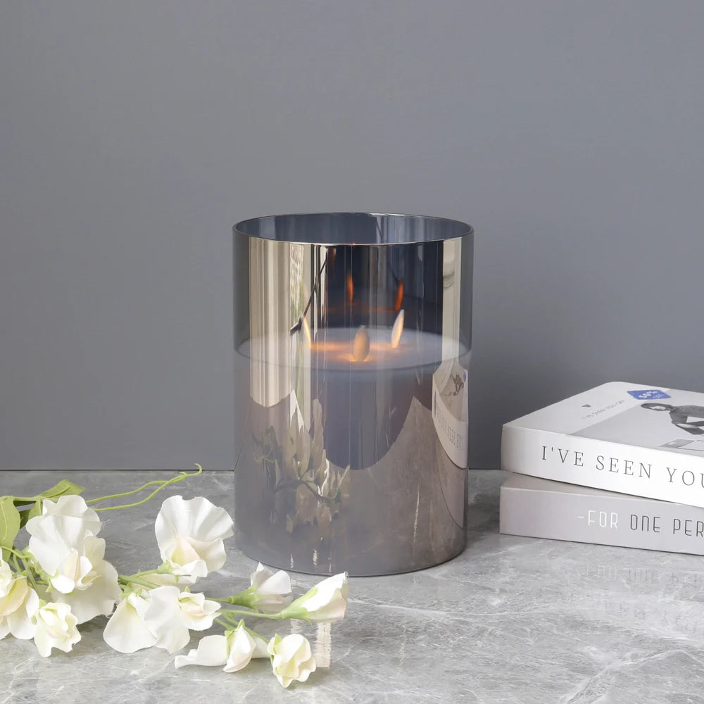 8"High 3-Wick Glass Flameless Candles( Large Gray)