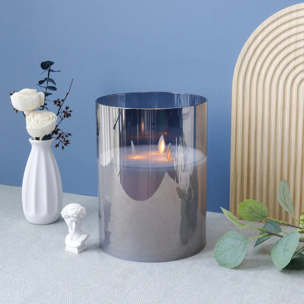 8"High 3-Wick Glass Flameless Candles( Large Gray)