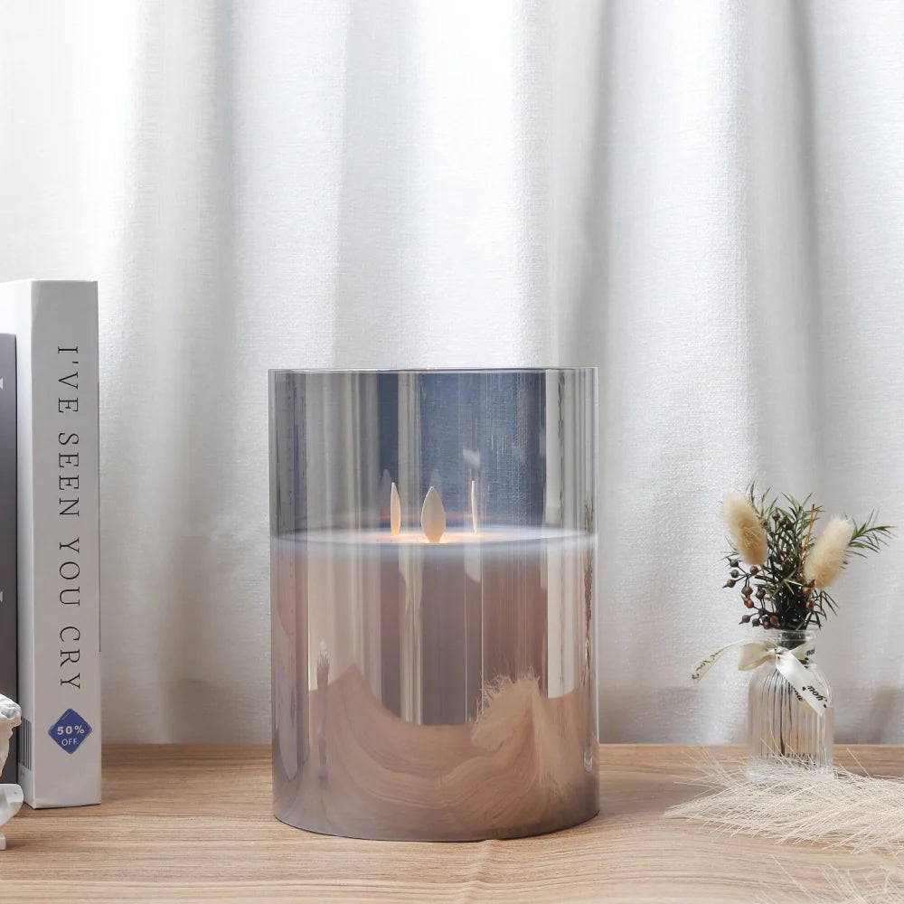 8"High 3-Wick Glass Flameless Candles( Large Gray)