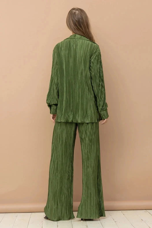 Accordion Pleat Button Blouse Pant Lounge Set - Olive