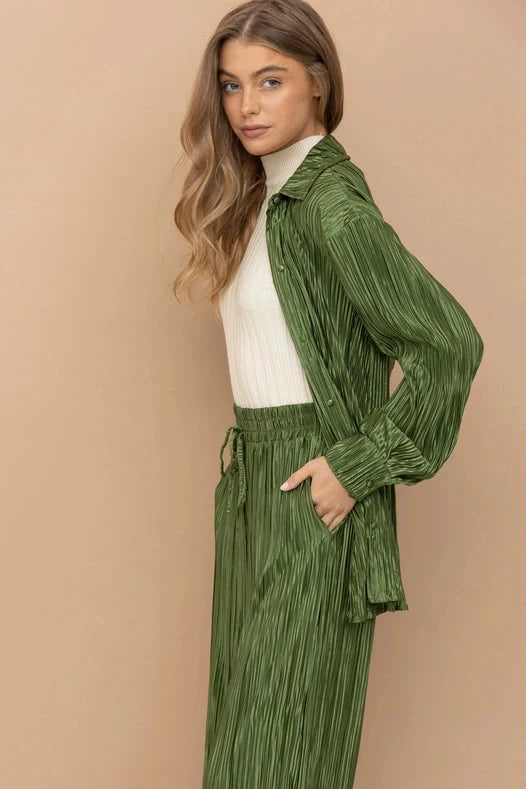 Accordion Pleat Button Blouse Pant Lounge Set - Olive