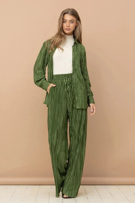 Accordion Pleat Button Blouse Pant Lounge Set - Olive