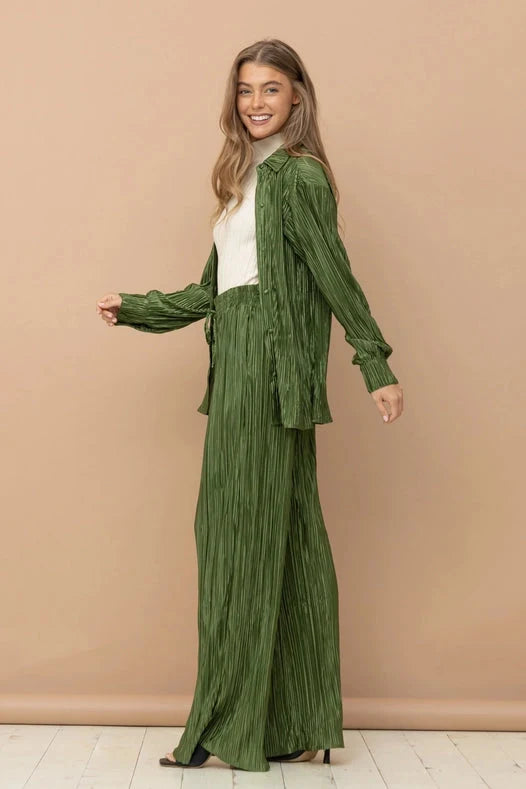 Accordion Pleat Button Blouse Pant Lounge Set - Olive