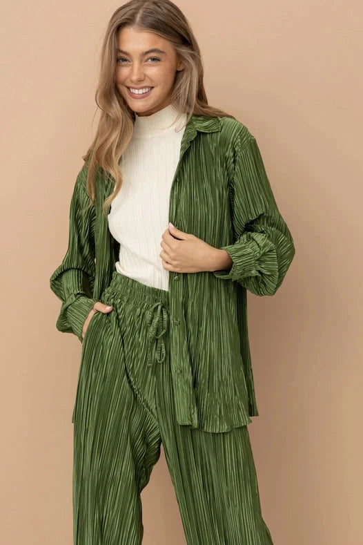 Accordion Pleat Button Blouse Pant Lounge Set - Olive