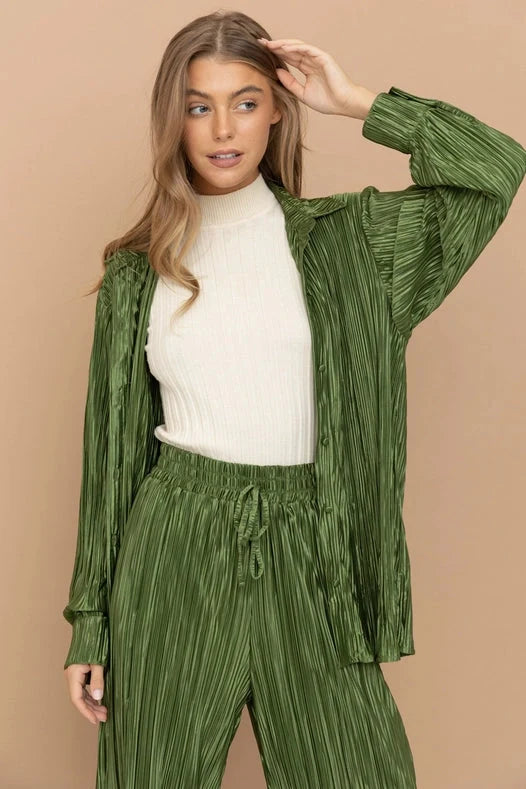 Accordion Pleat Button Blouse Pant Lounge Set - Olive