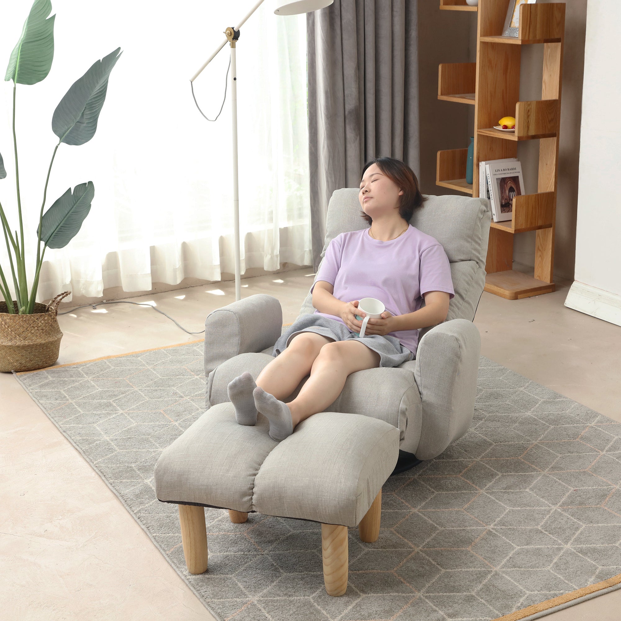 Adjustable Floor Lounge Sofa Chair with Armrests & 360° Swivel Base – Cement Grey