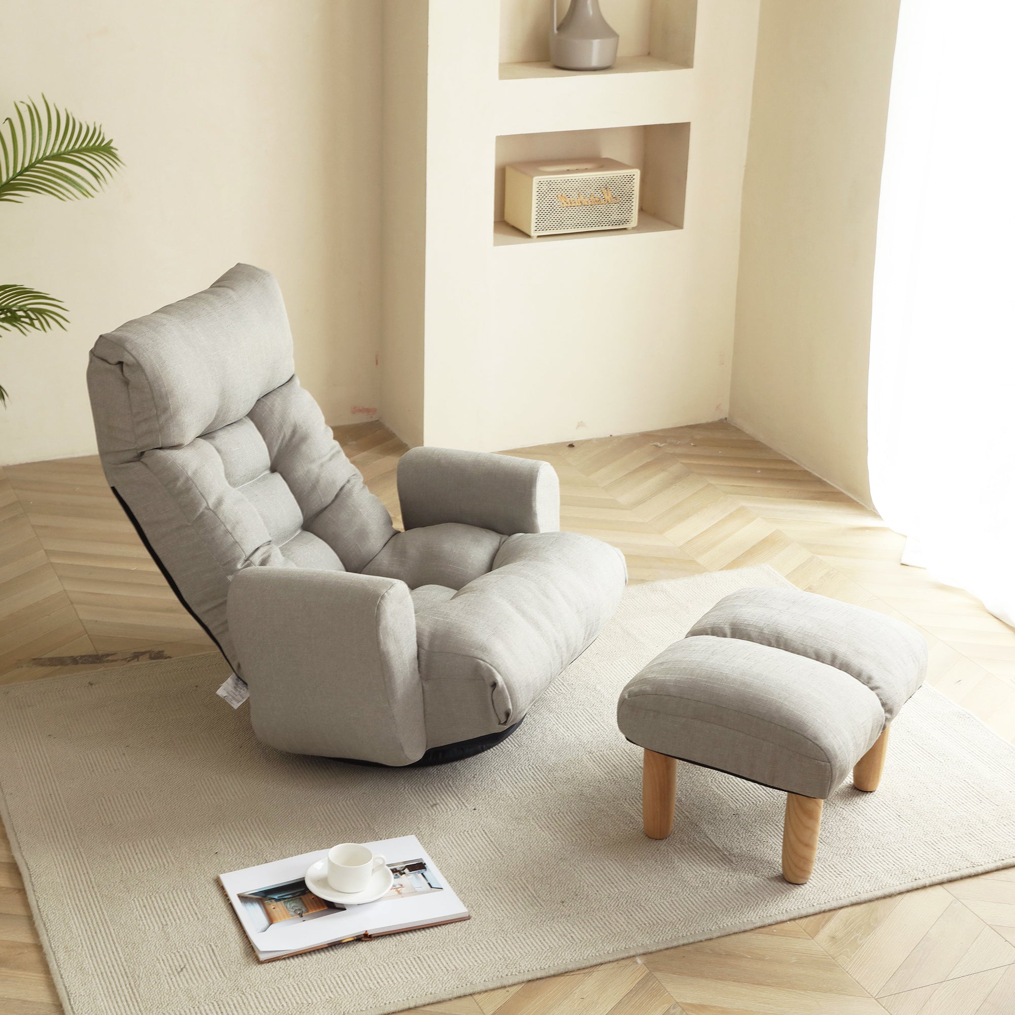 Adjustable Floor Lounge Sofa Chair with Armrests & 360° Swivel Base – Cement Grey
