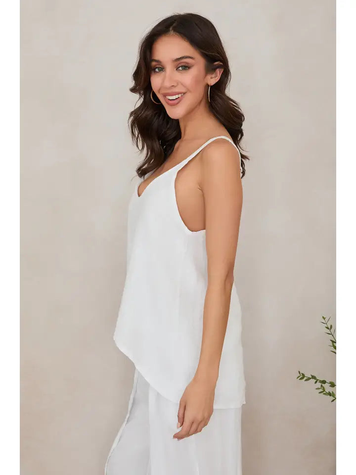 Adjustable Strap Linen Tank Top - White