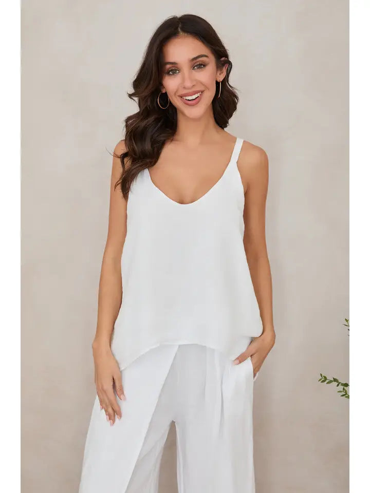 Adjustable Strap Linen Tank Top - White