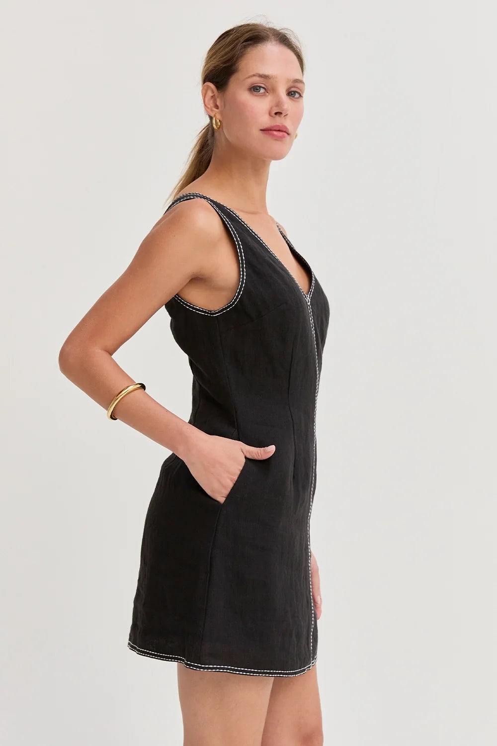 Amara Contrast Stitch V-Neck Linen Mini Dress