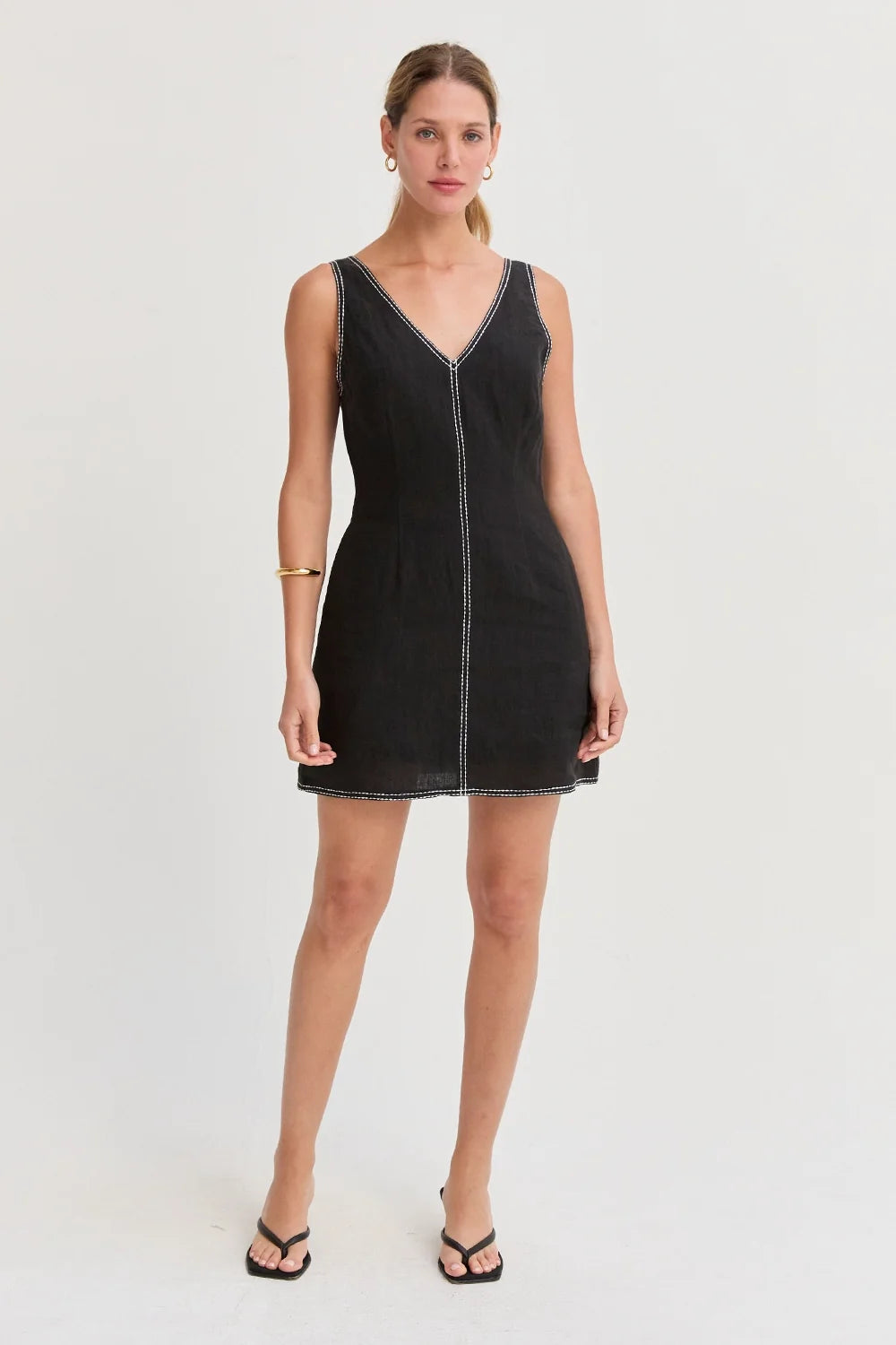 Amara Contrast Stitch V-Neck Linen Mini Dress