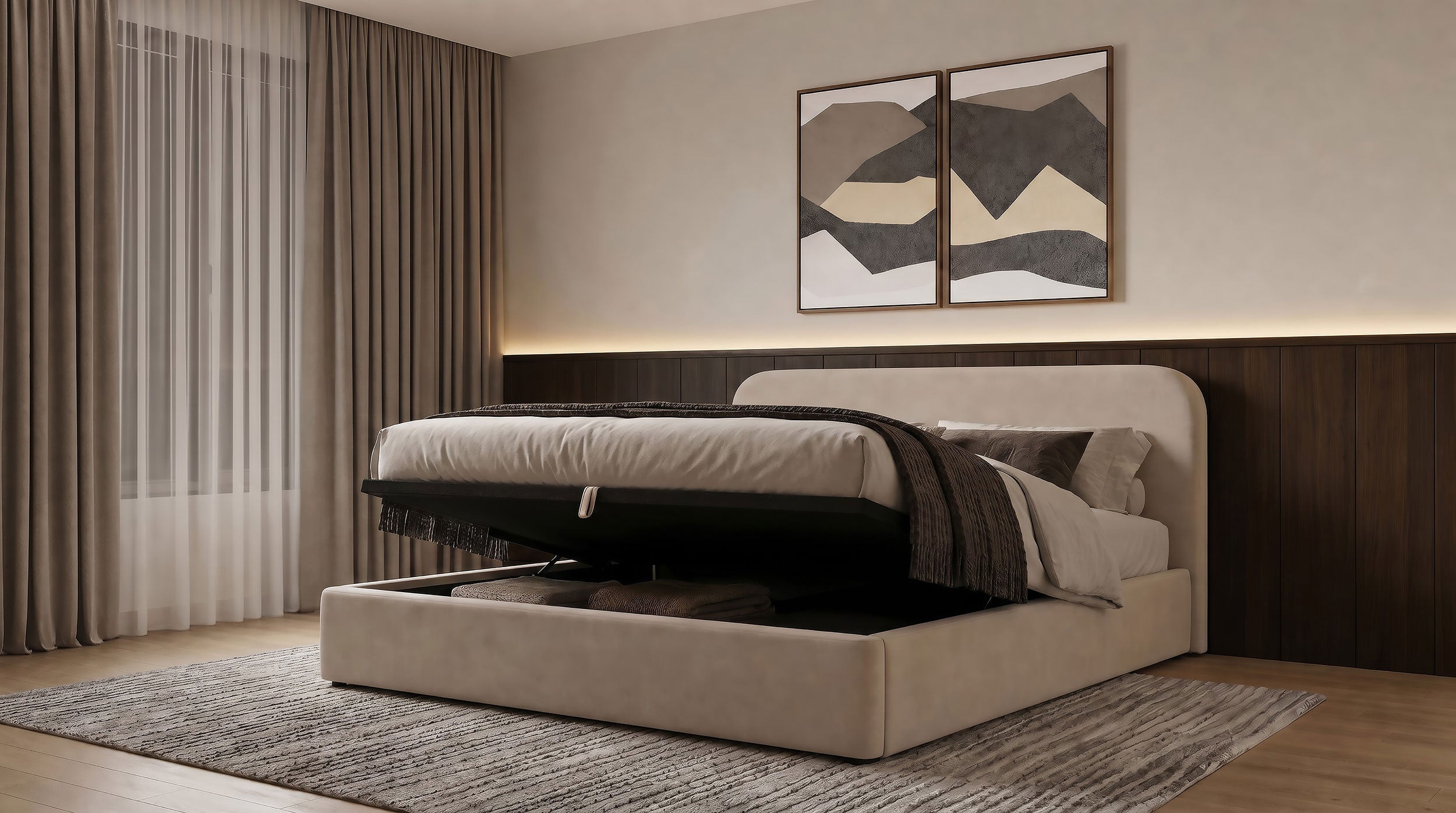 Anders Upholstered Eastern King Storage Lift Platform Bed Beige