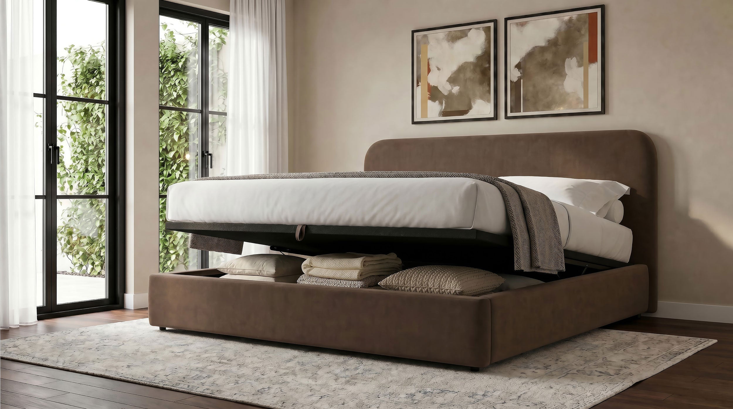 Anders Upholstered Eastern King Storage Lift Platform Bed Chocolate