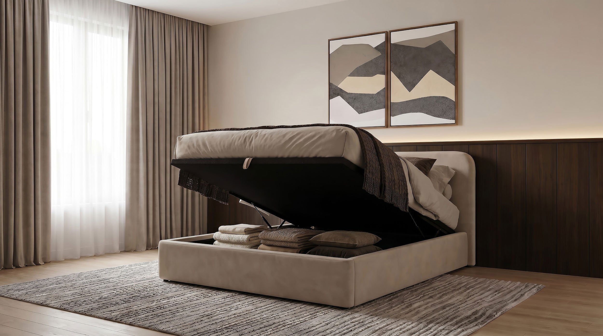Anders Upholstered Queen Storage Lift Platform Bed Beige
