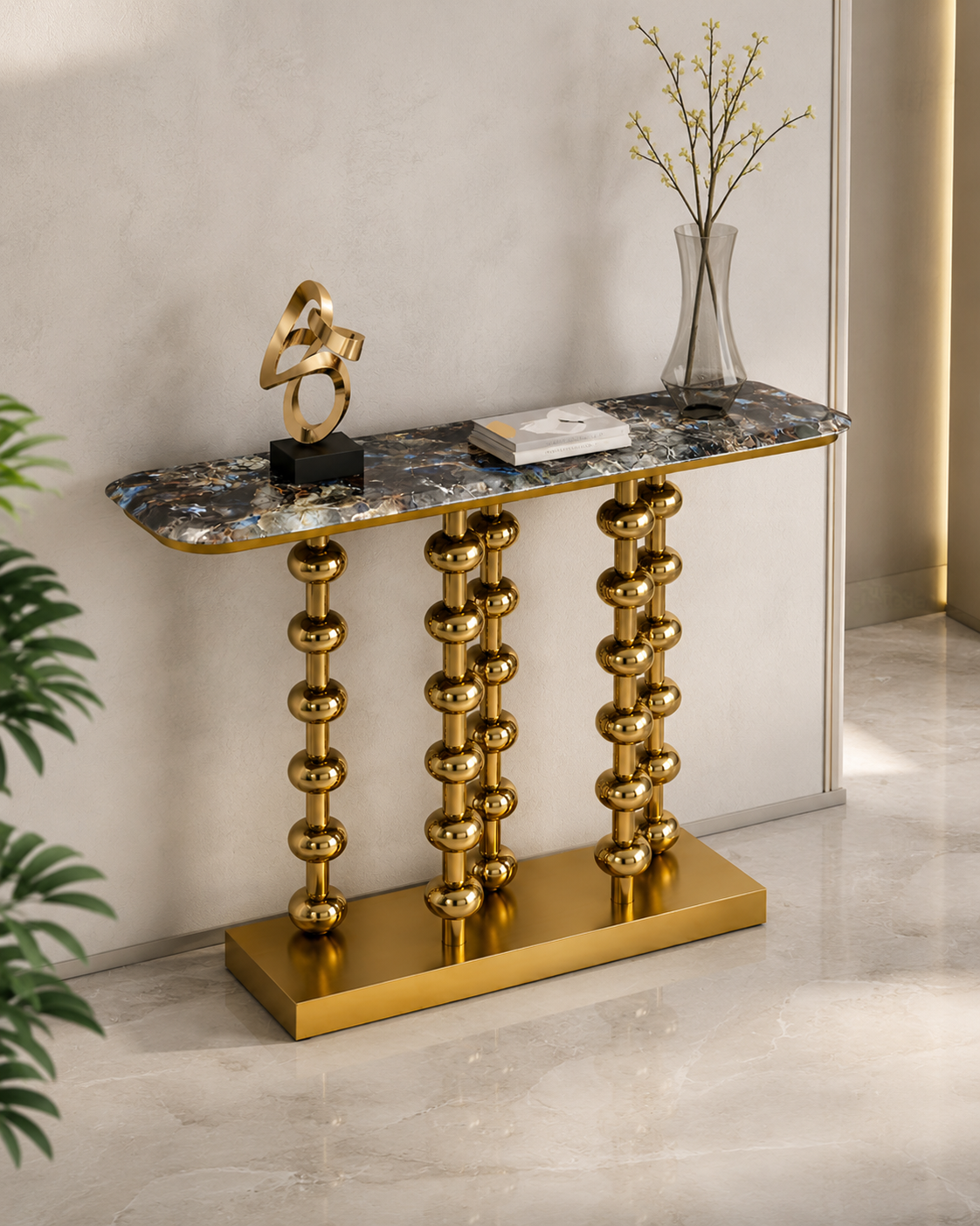 Auric Orb Marble & Steel Console Table