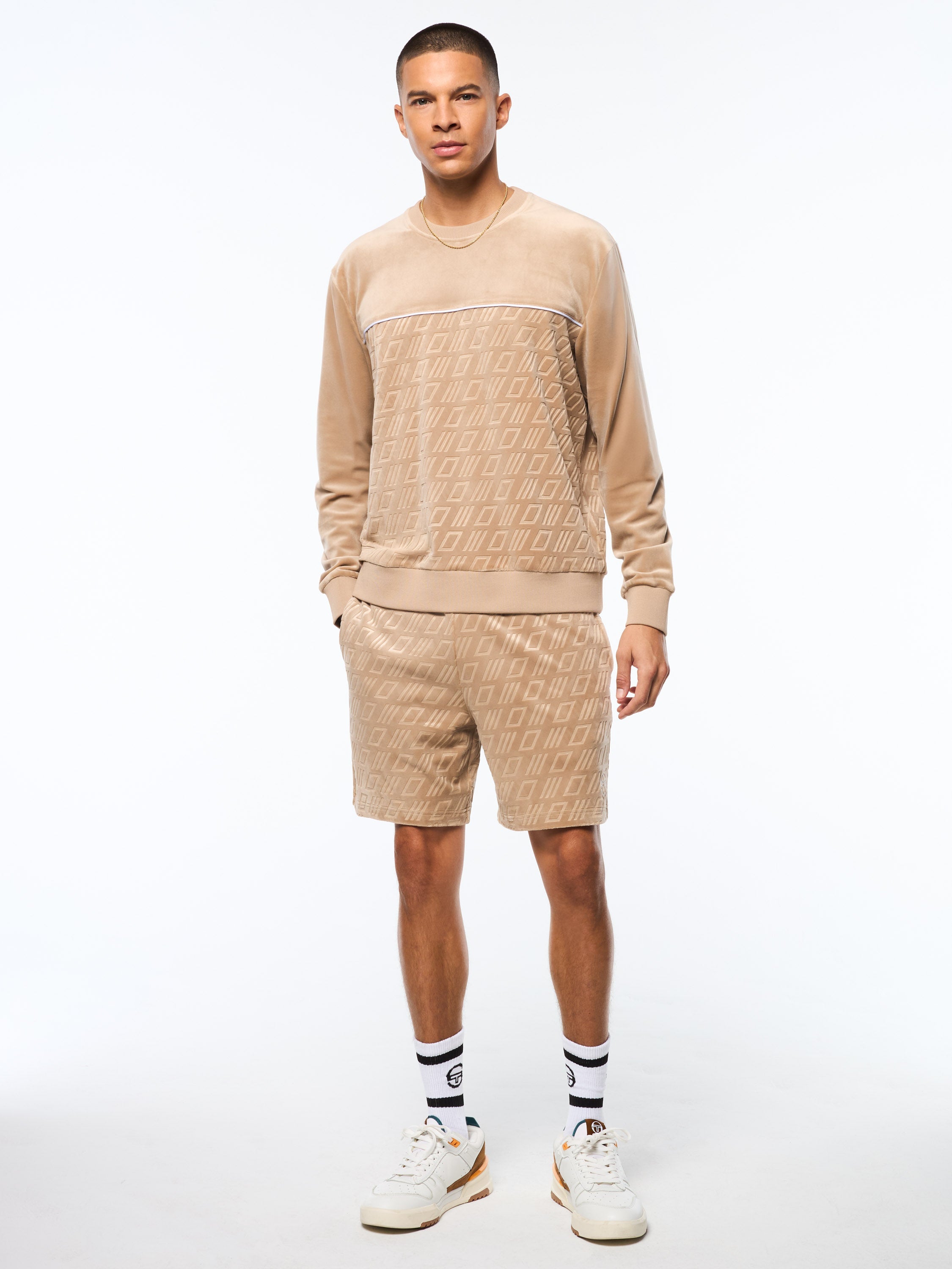 Bandiera Debossed Velour Crewneck-Humus