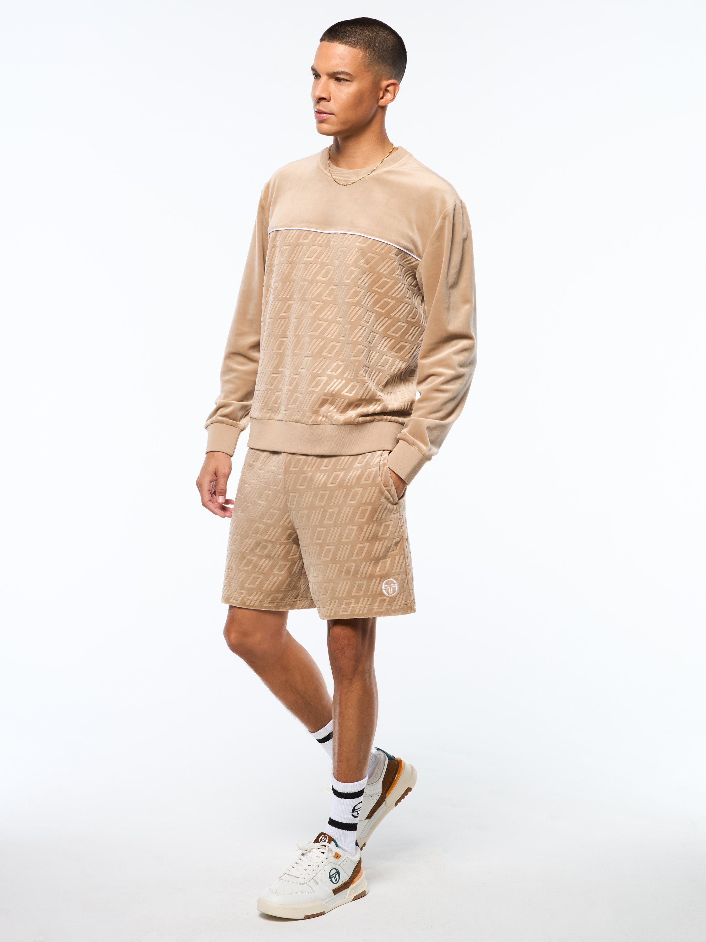 Bandiera Debossed Velour Crewneck-Humus