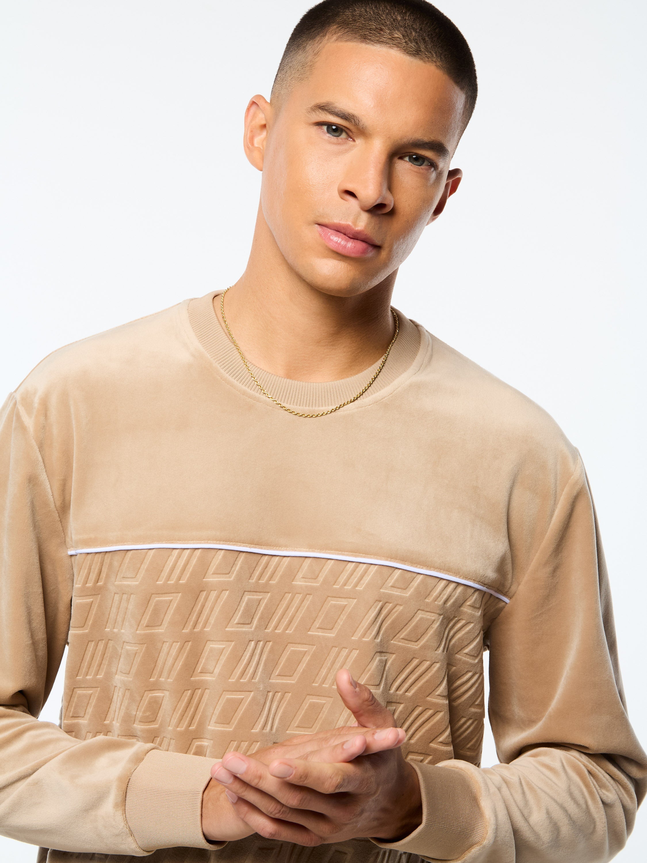 Bandiera Debossed Velour Crewneck-Humus