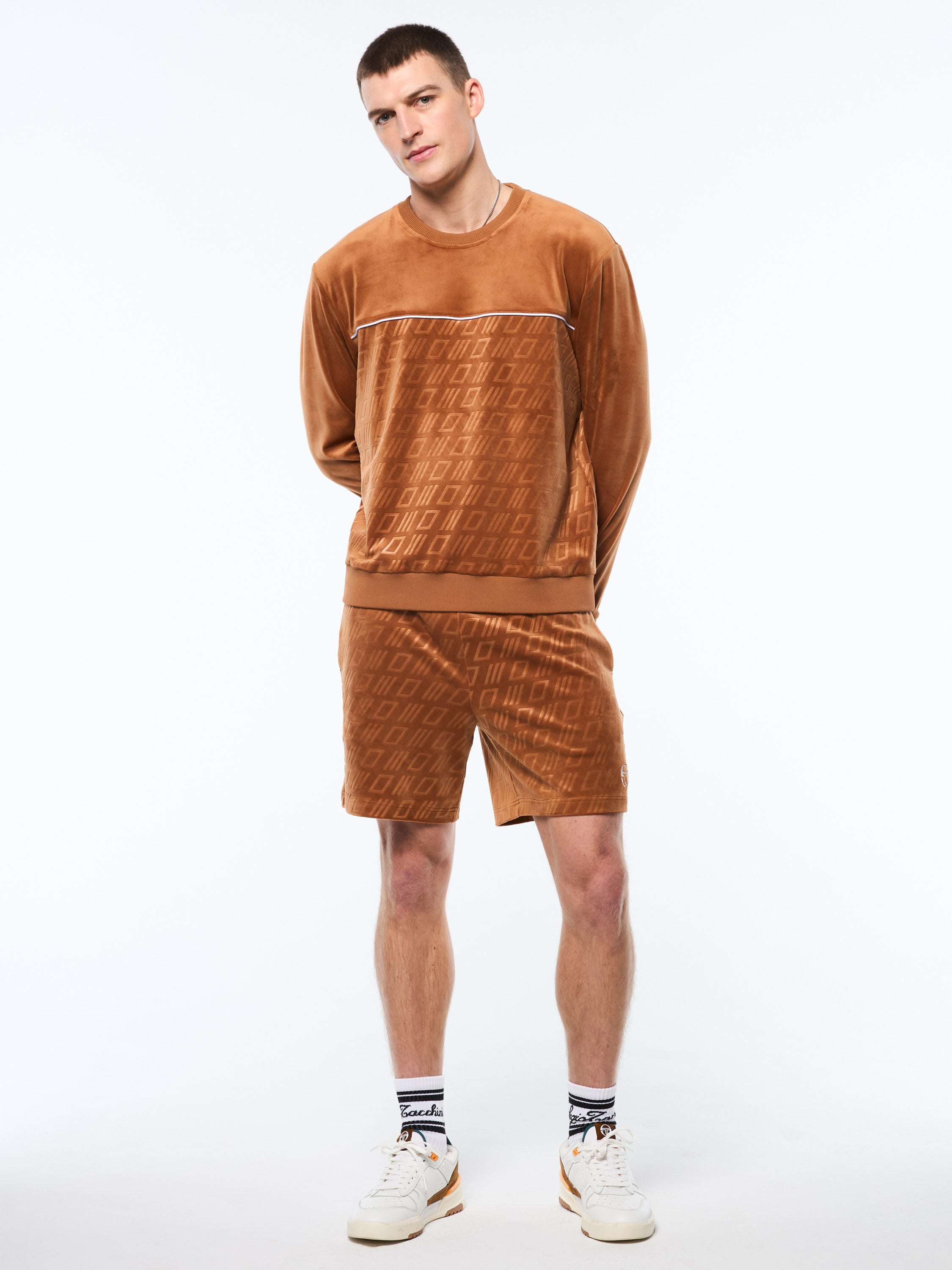 Bandiera Debossed Velour Crewneck-Sugar Almond