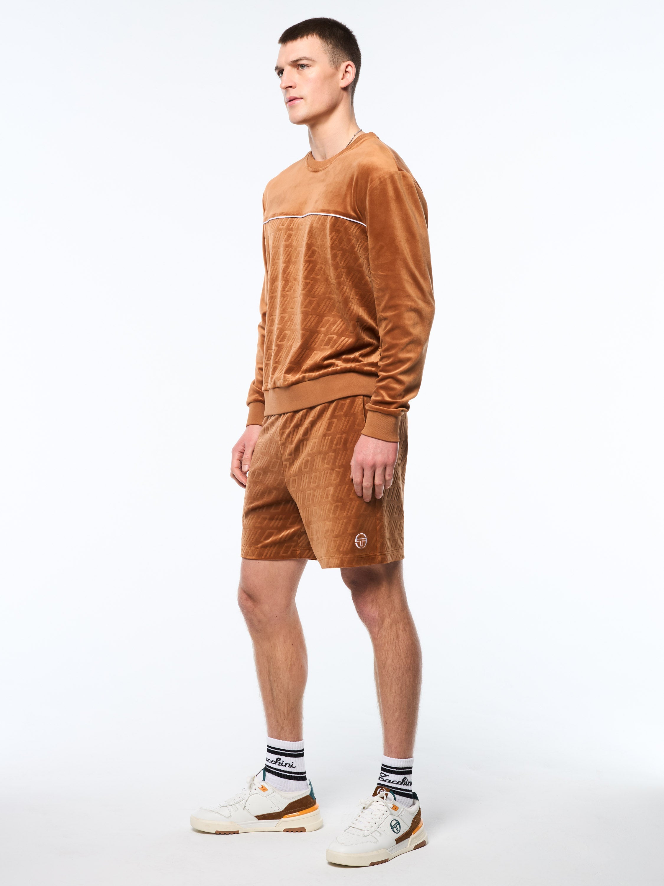 Bandiera Debossed Velour Crewneck-Sugar Almond