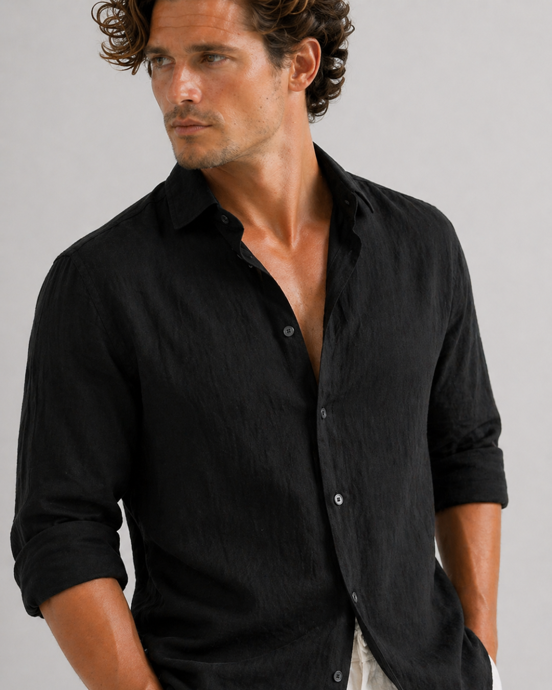 Black Cotton & Linen Shirt – Easy Fit, Bahama Shirt