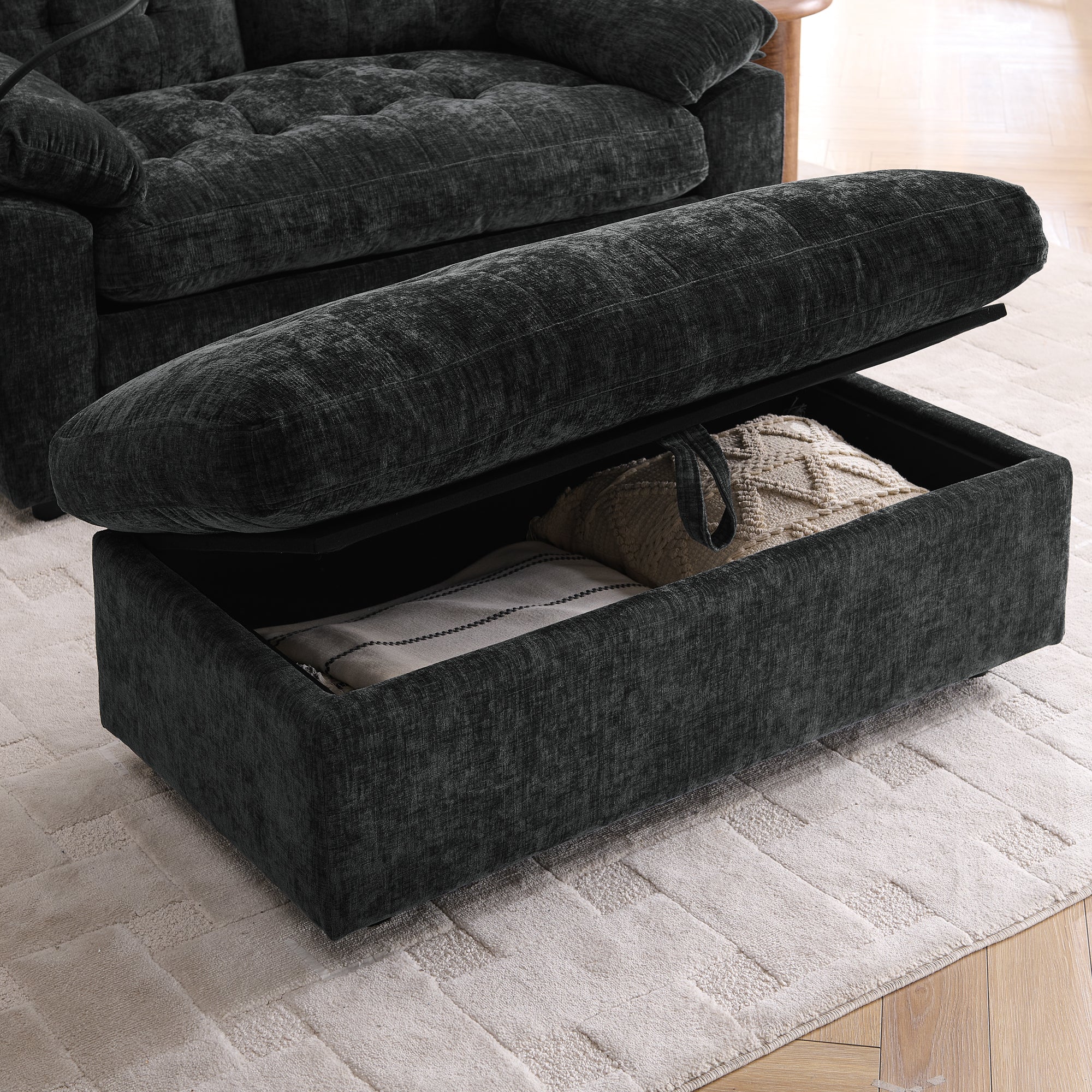 Black Double Recliner Sofa with Storage Ottoman