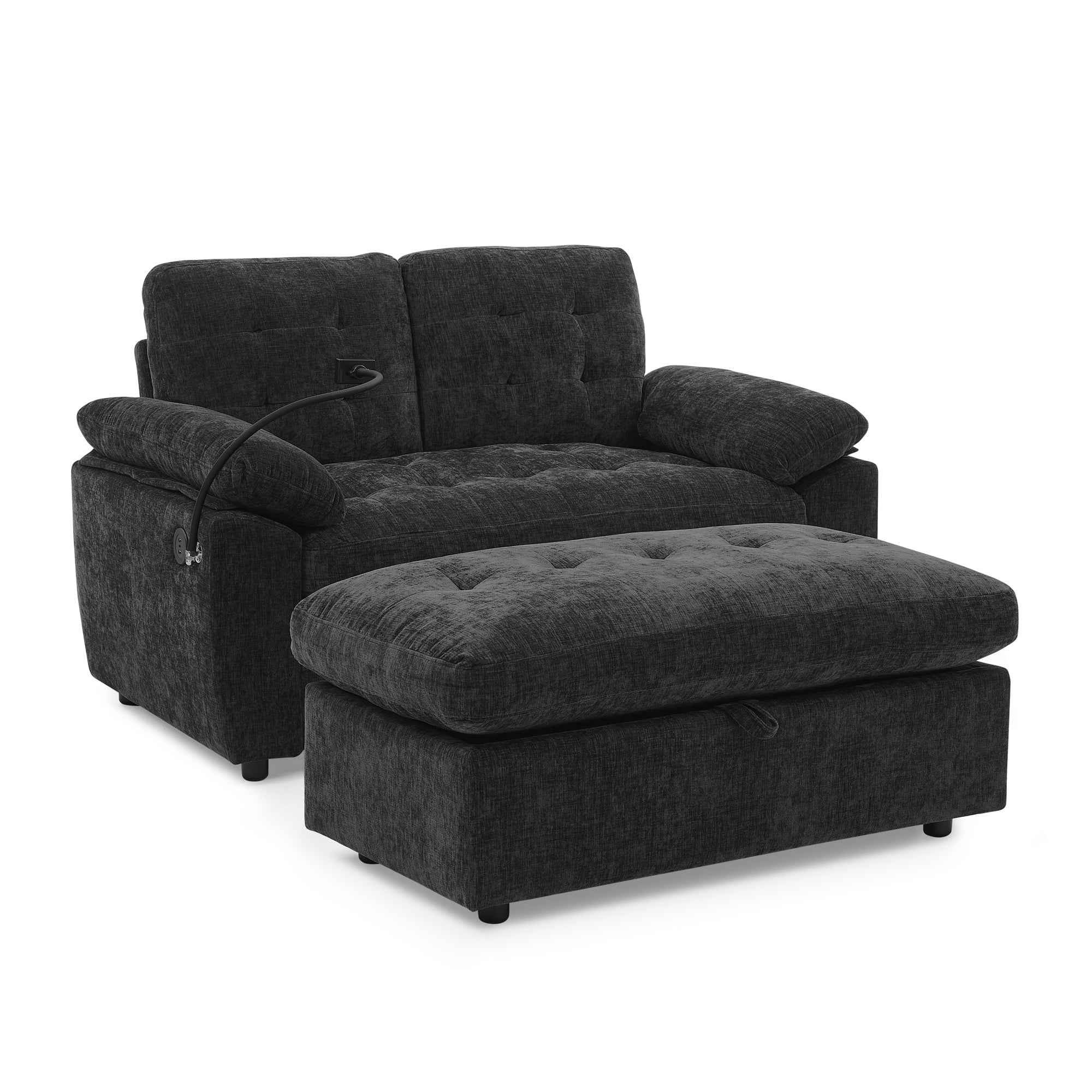 Black Double Recliner Sofa with Storage Ottoman