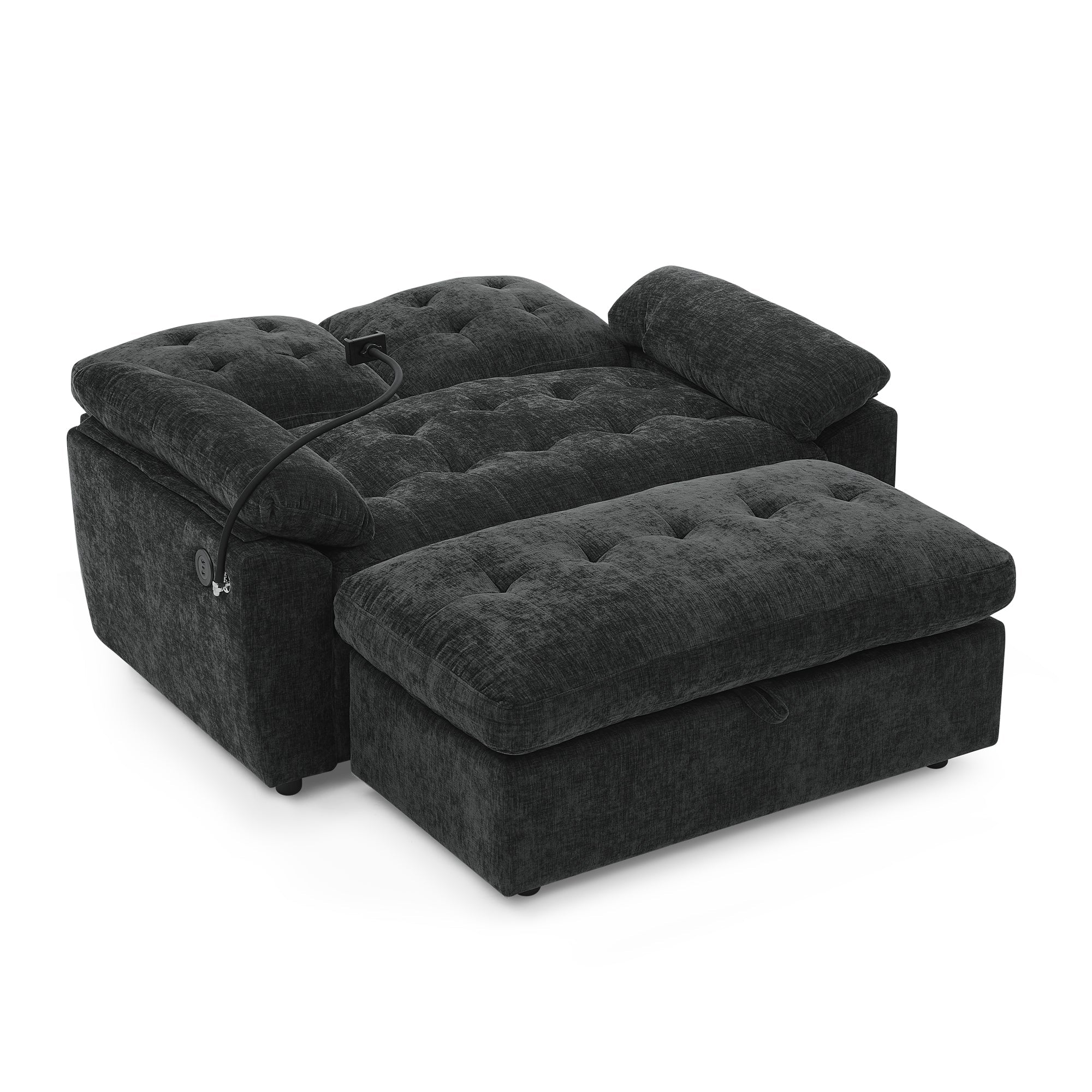 Black Double Recliner Sofa with Storage Ottoman