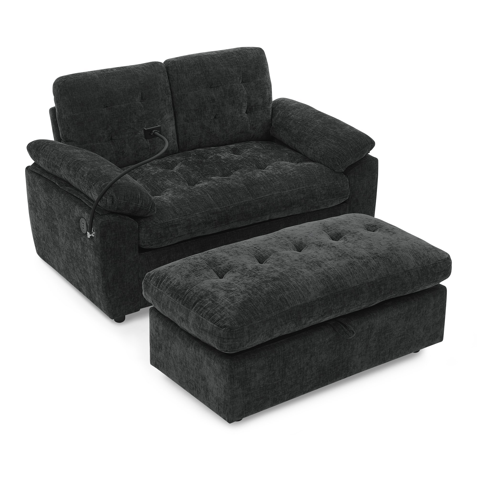Black Double Recliner Sofa with Storage Ottoman