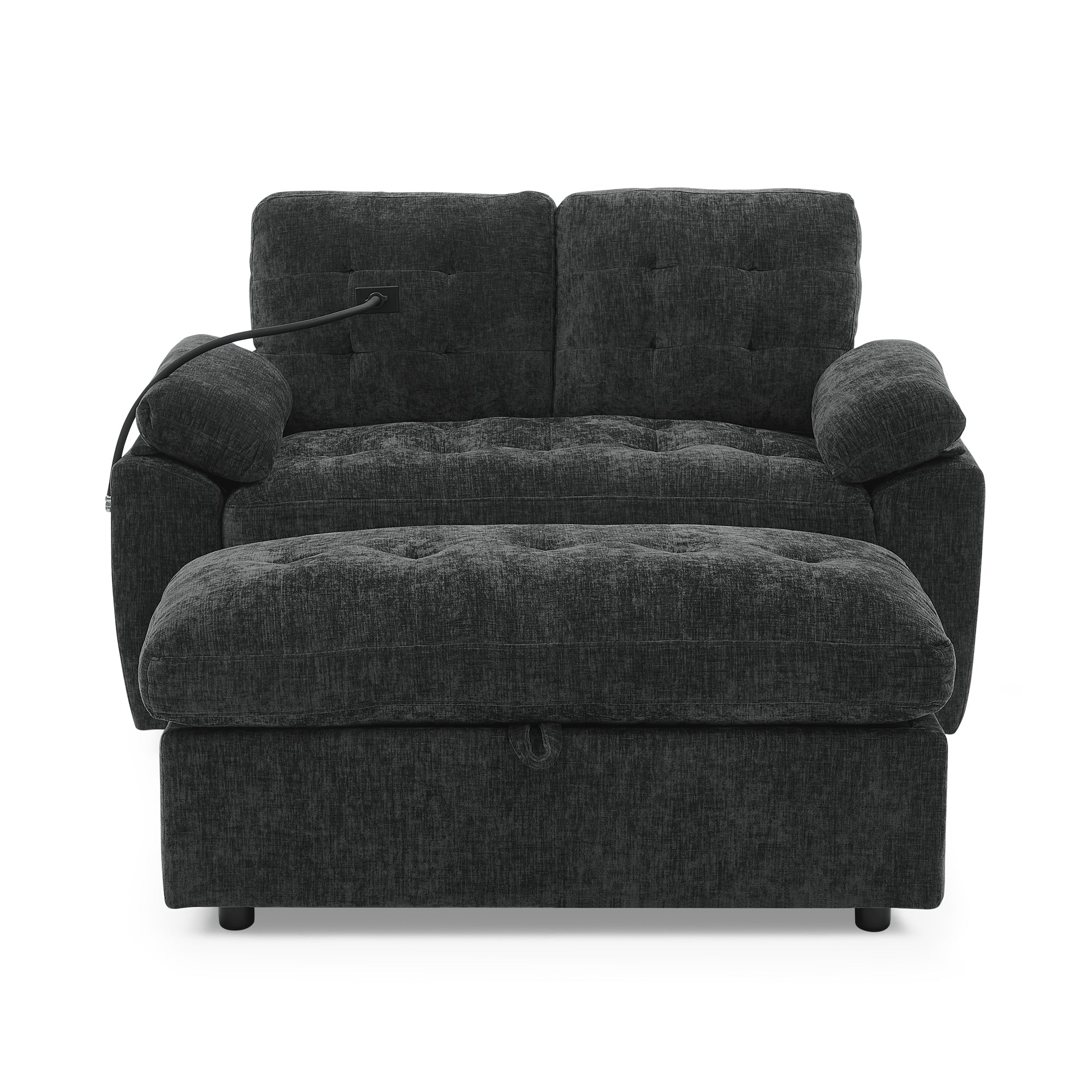 Black Double Recliner Sofa with Storage Ottoman