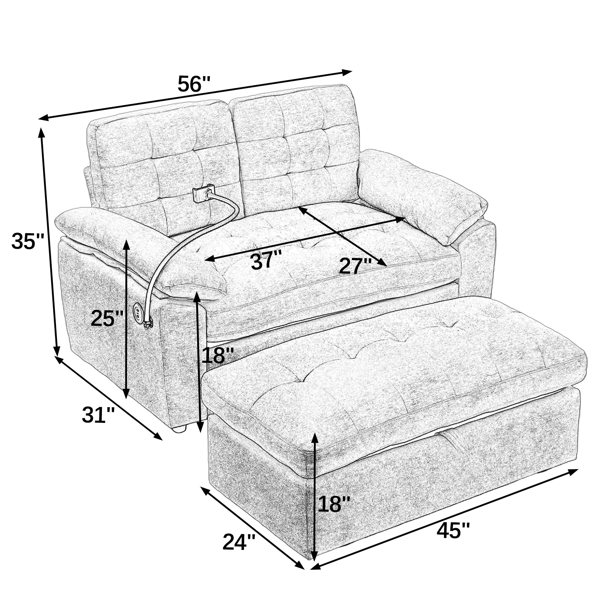 Black Double Recliner Sofa with Storage Ottoman