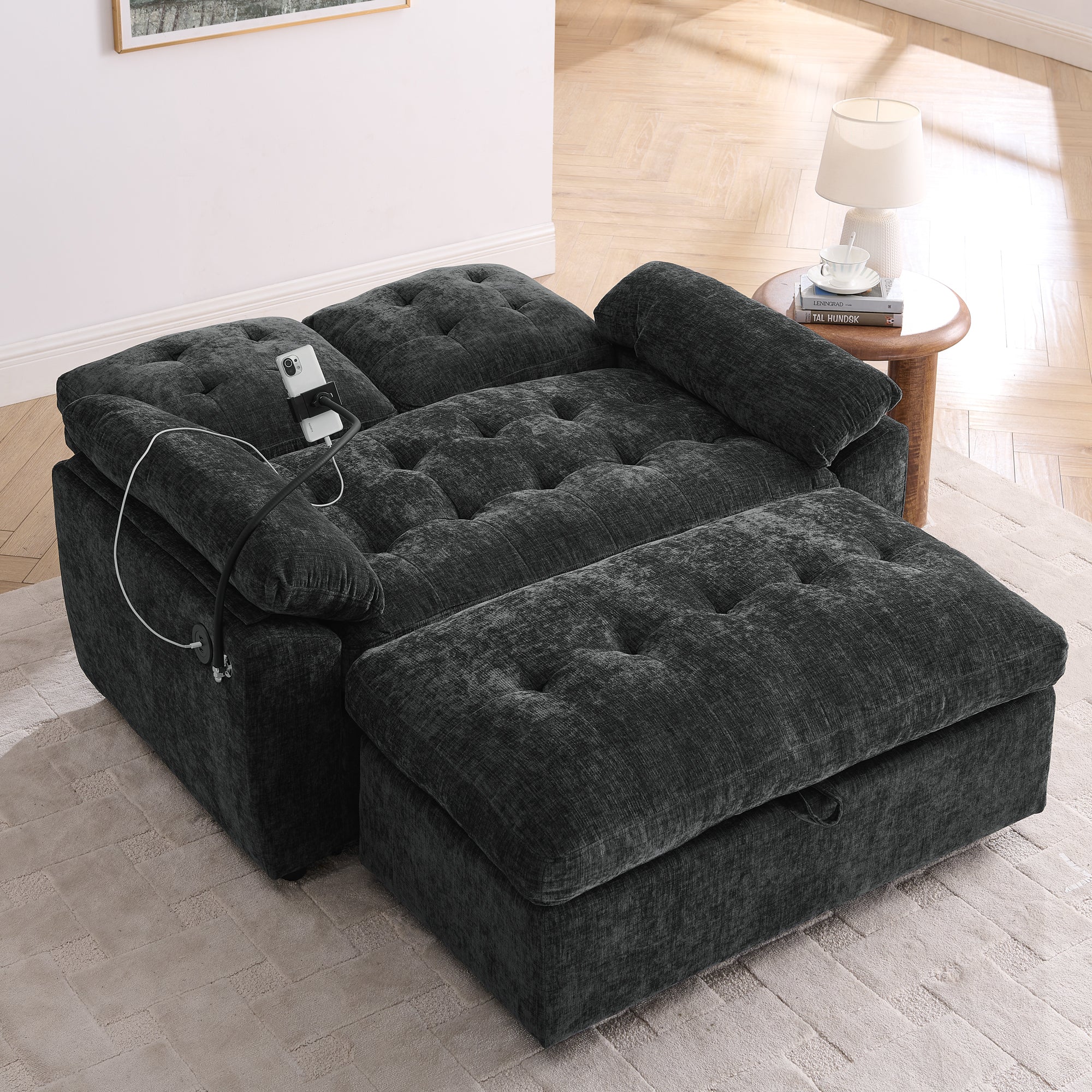 Black Double Recliner Sofa with Storage Ottoman