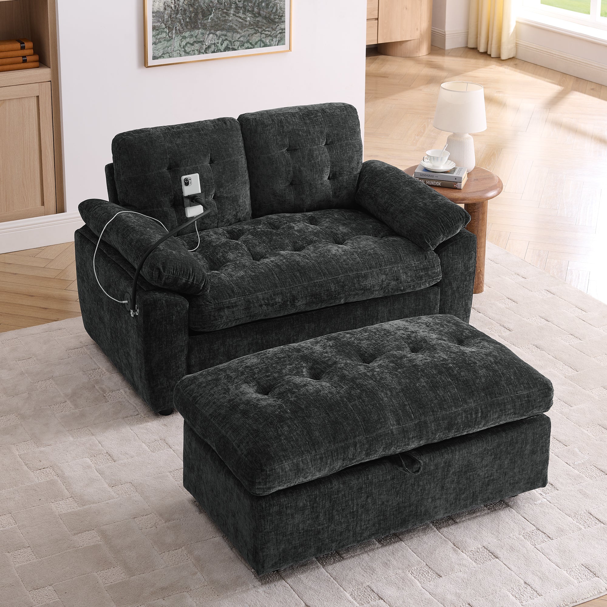 Black Double Recliner Sofa with Storage Ottoman