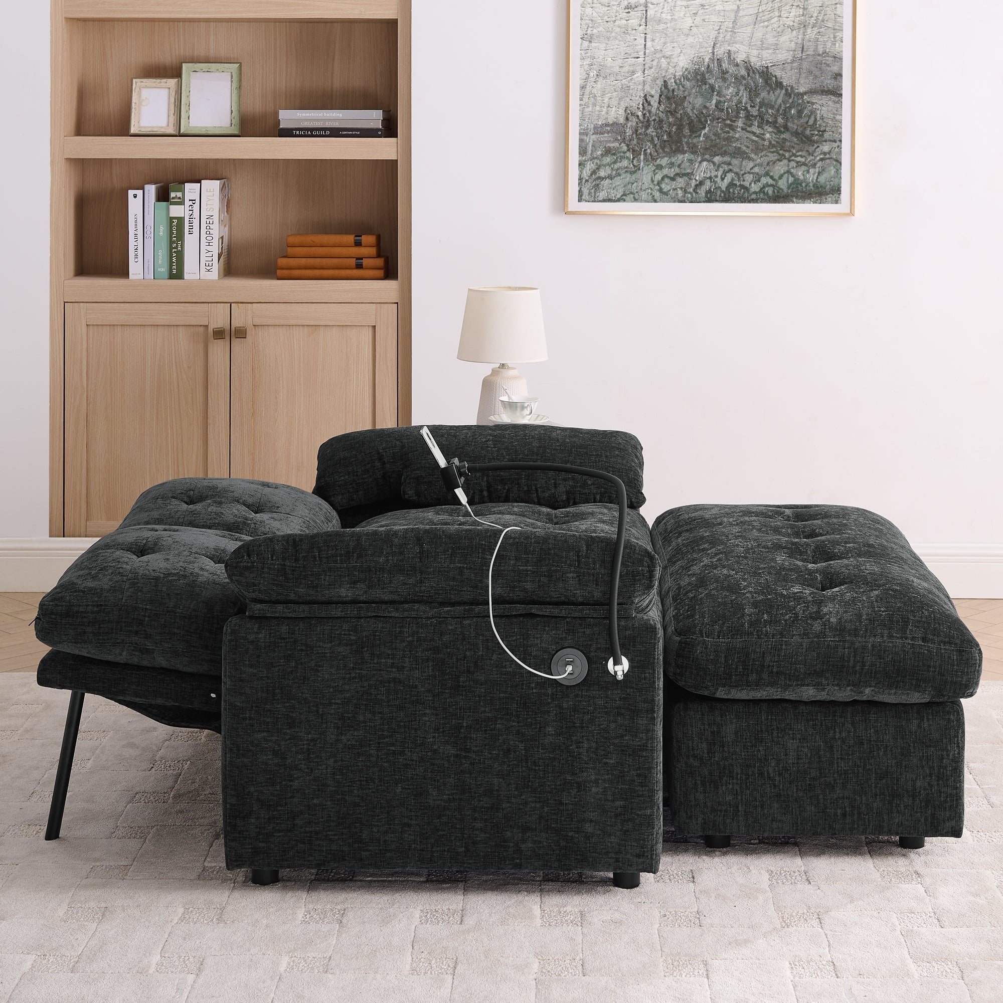 Black Double Recliner Sofa with Storage Ottoman