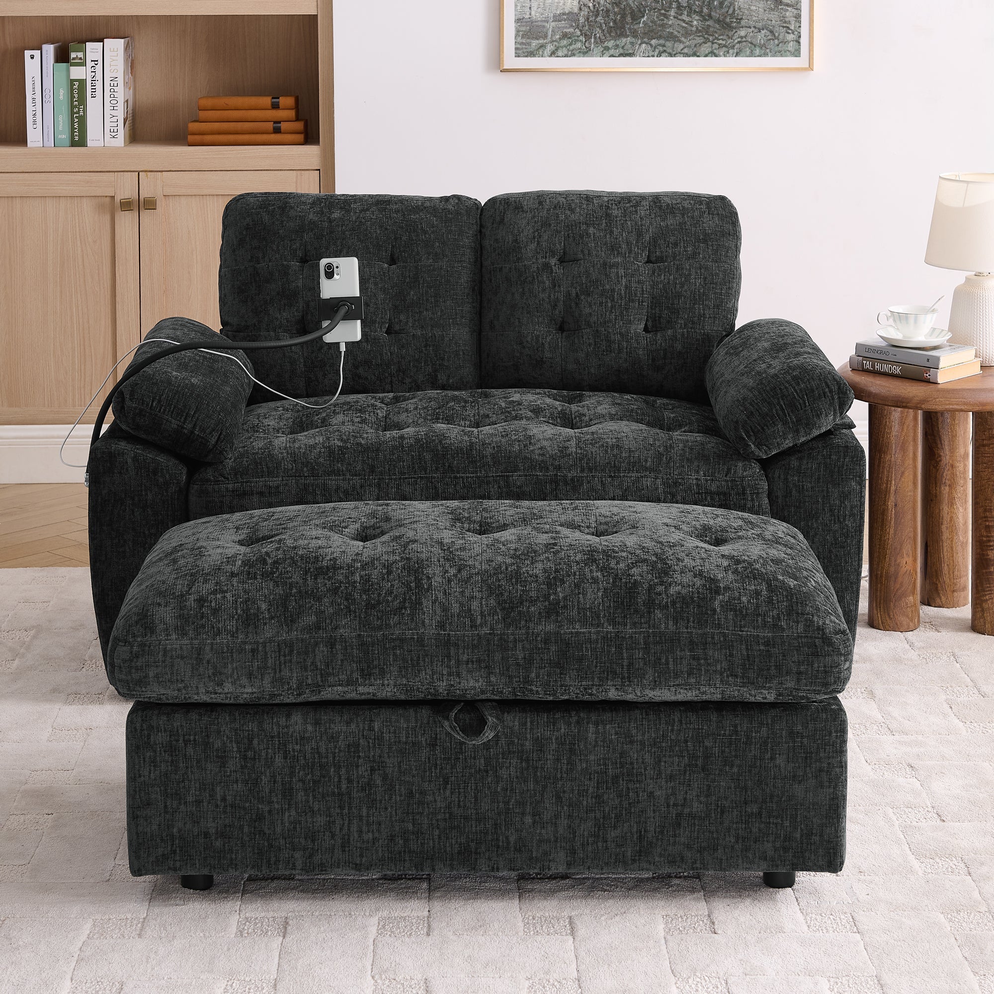 Black Double Recliner Sofa with Storage Ottoman