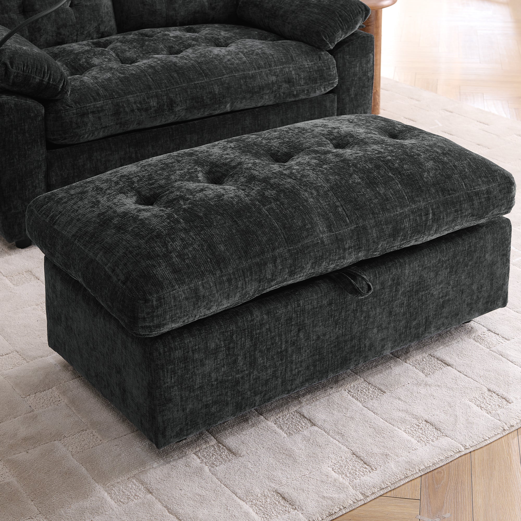 Black Double Recliner Sofa with Storage Ottoman