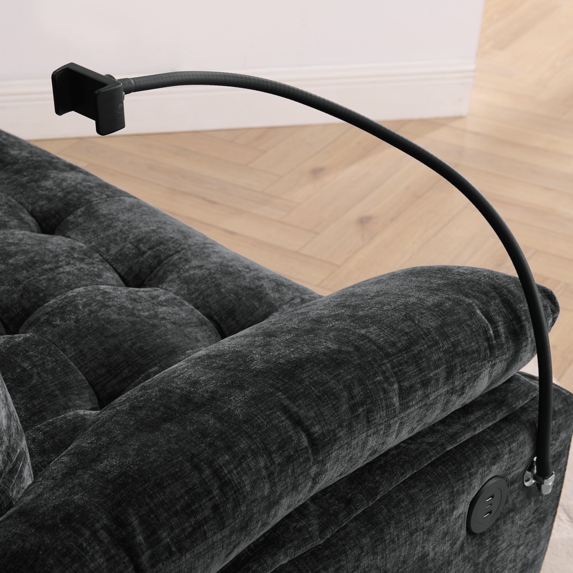 Black Double Recliner Sofa with Storage Ottoman