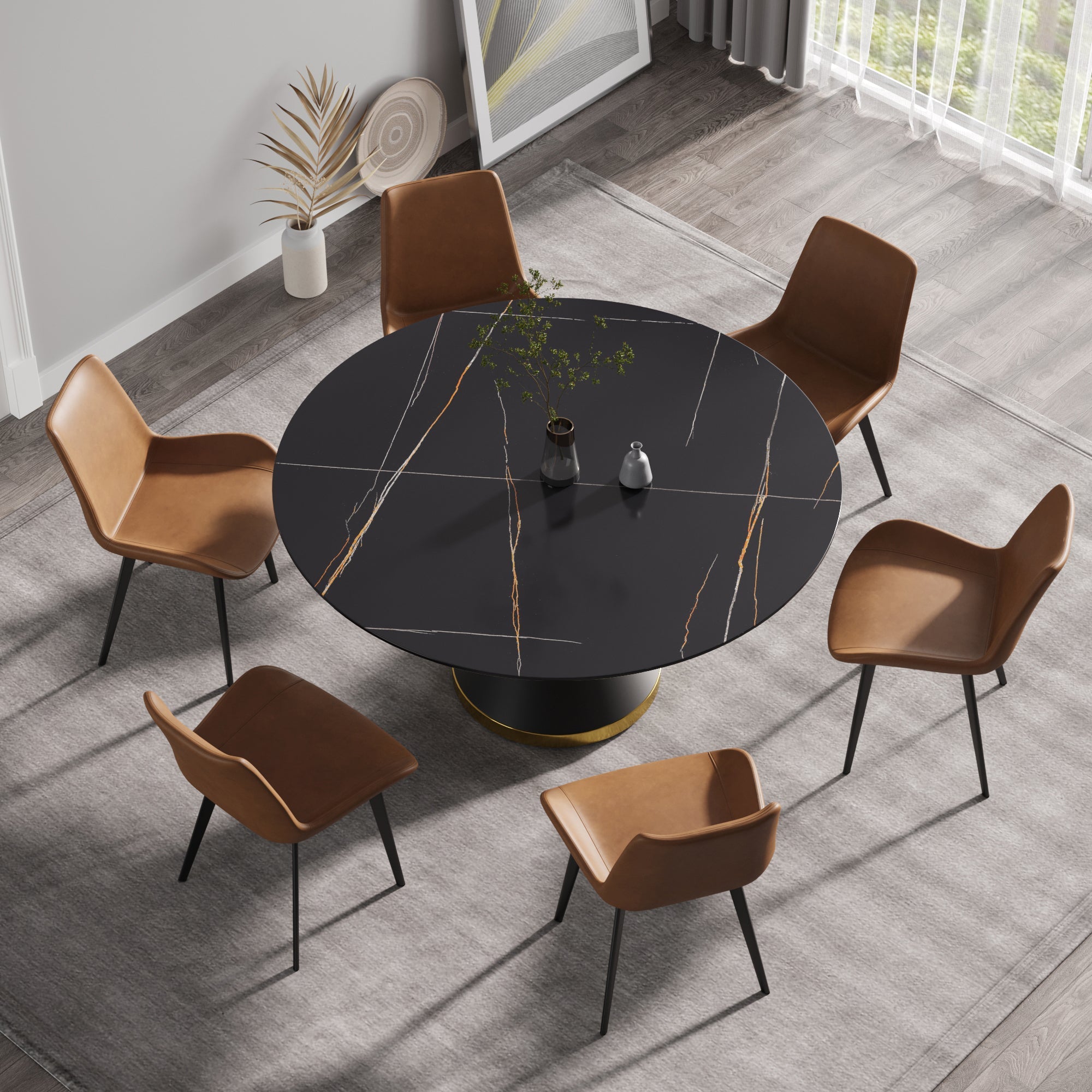 Black Round Sintered Stone Dining Table with Pedestal Base