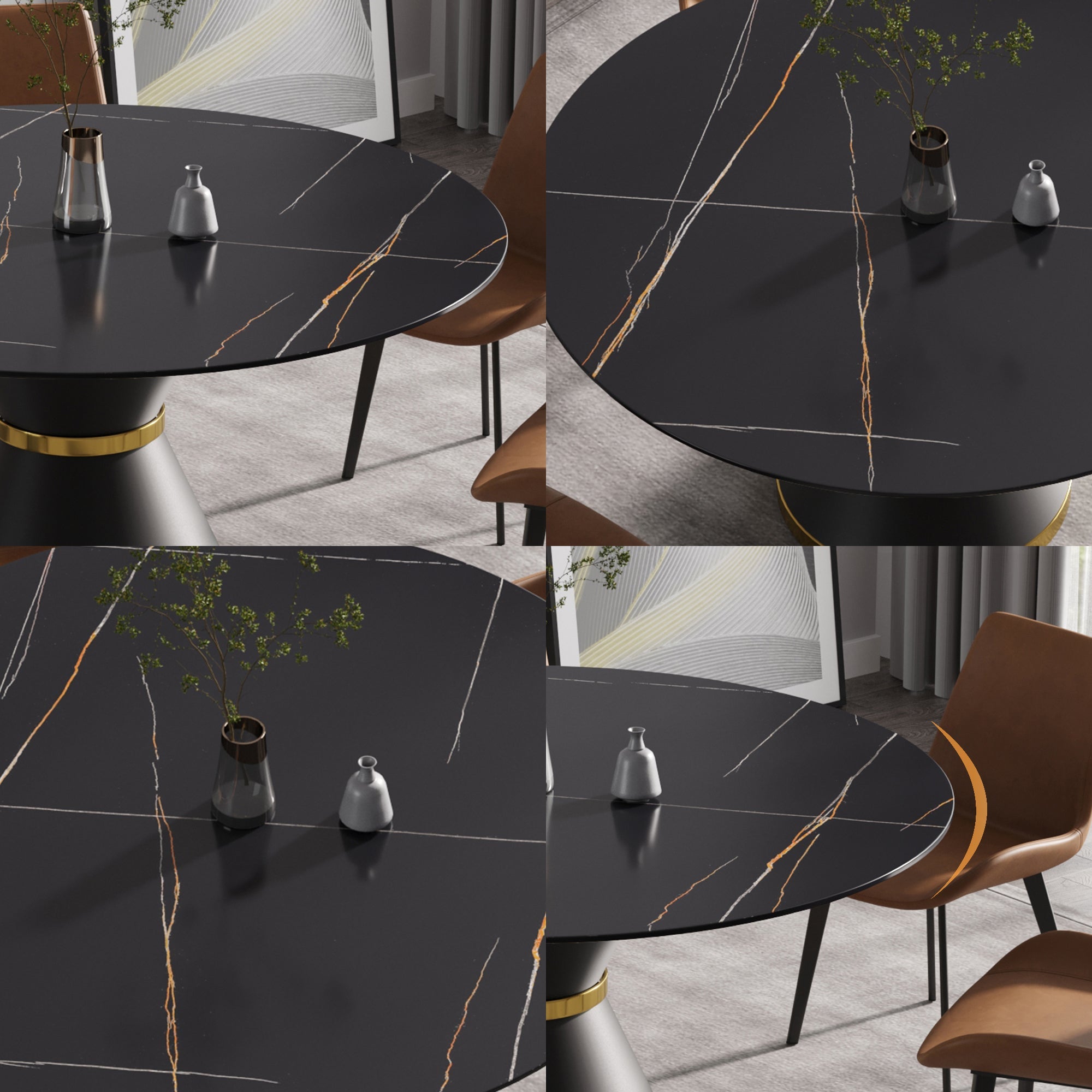 Black Round Sintered Stone Dining Table with Pedestal Base