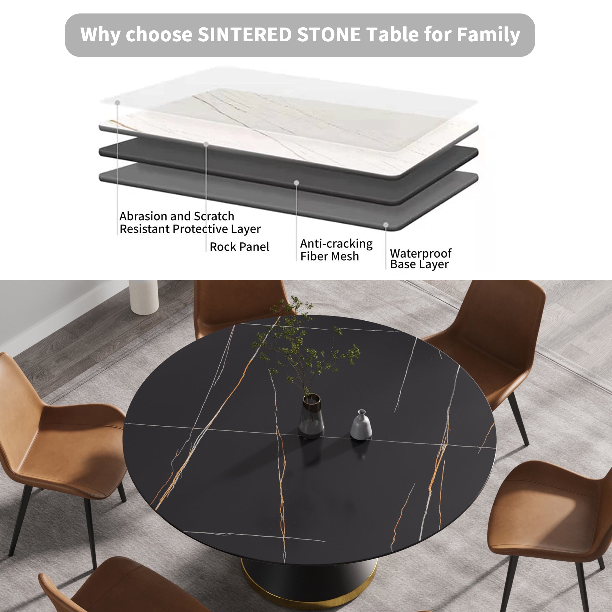 Black Round Sintered Stone Dining Table with Pedestal Base