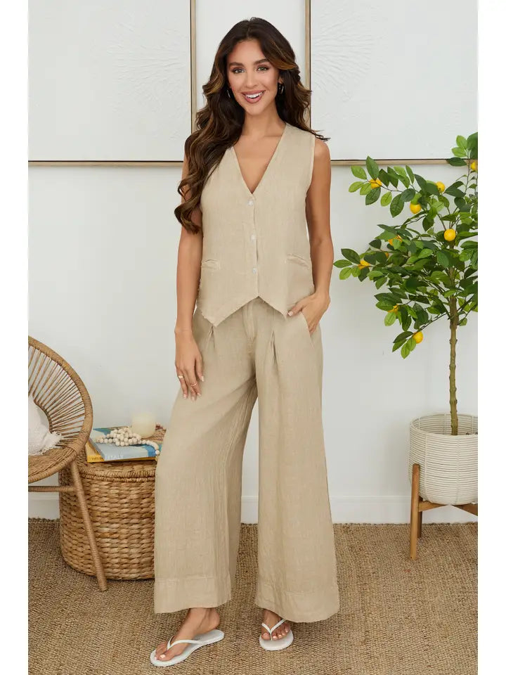 Button Down Vest with Faux Pocket - Earth Beige