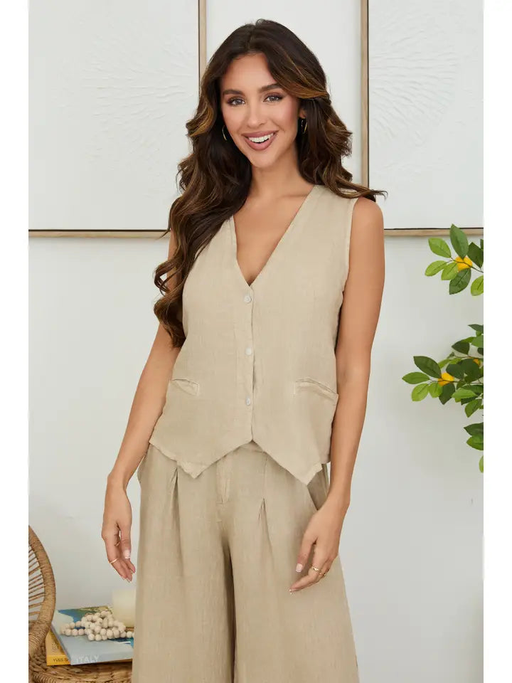 Button Down Vest with Faux Pocket - Earth Beige