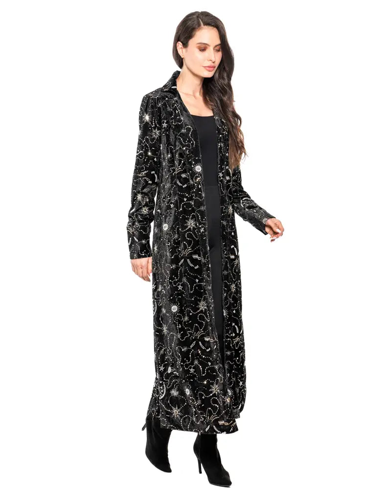 Celestial Embroidered Velvet Duster – Black