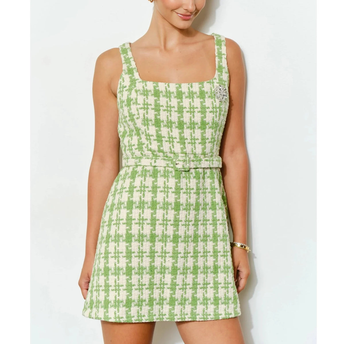 Check Tweed Brooch Detail Belted Mini Dress in Lime