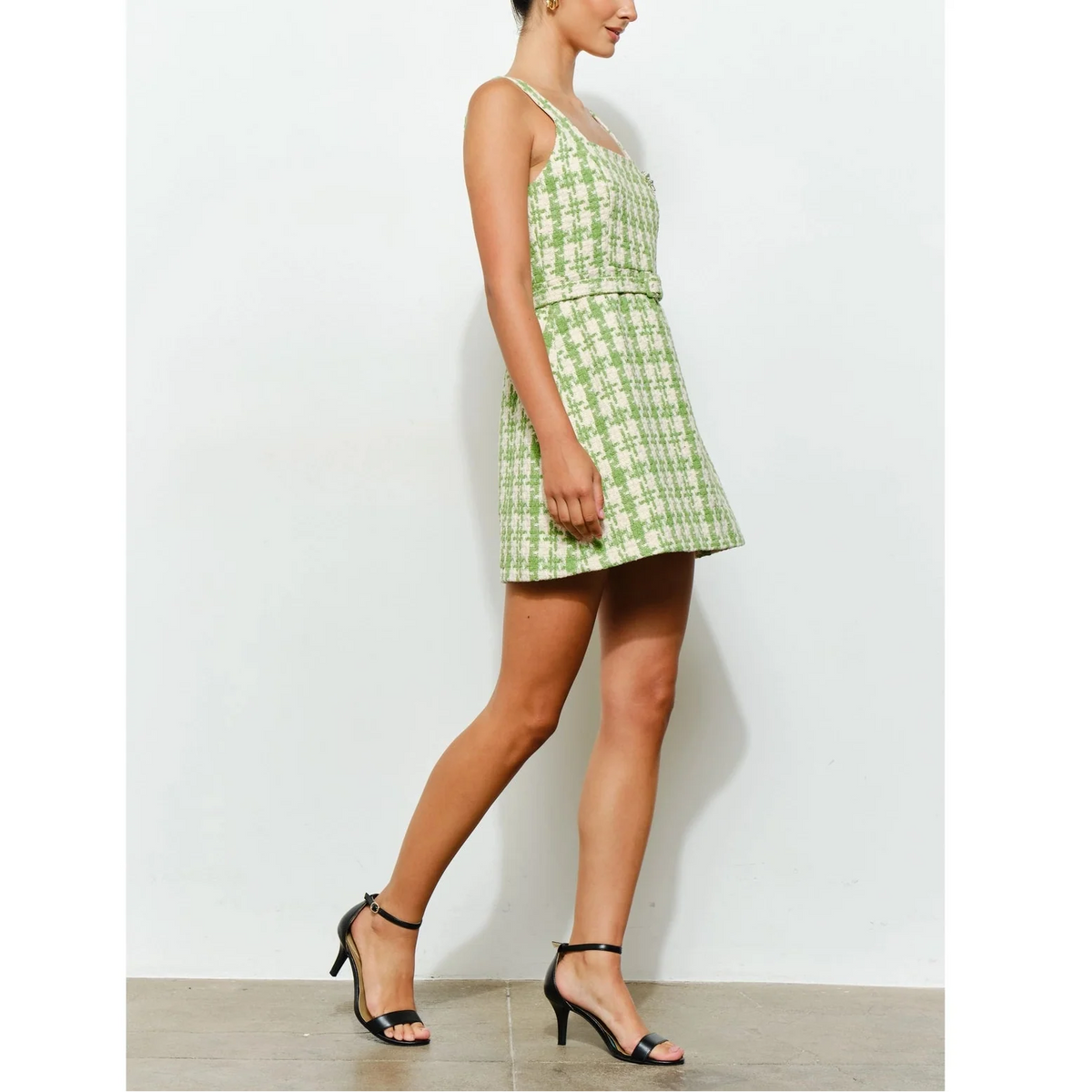 Check Tweed Brooch Detail Belted Mini Dress in Lime