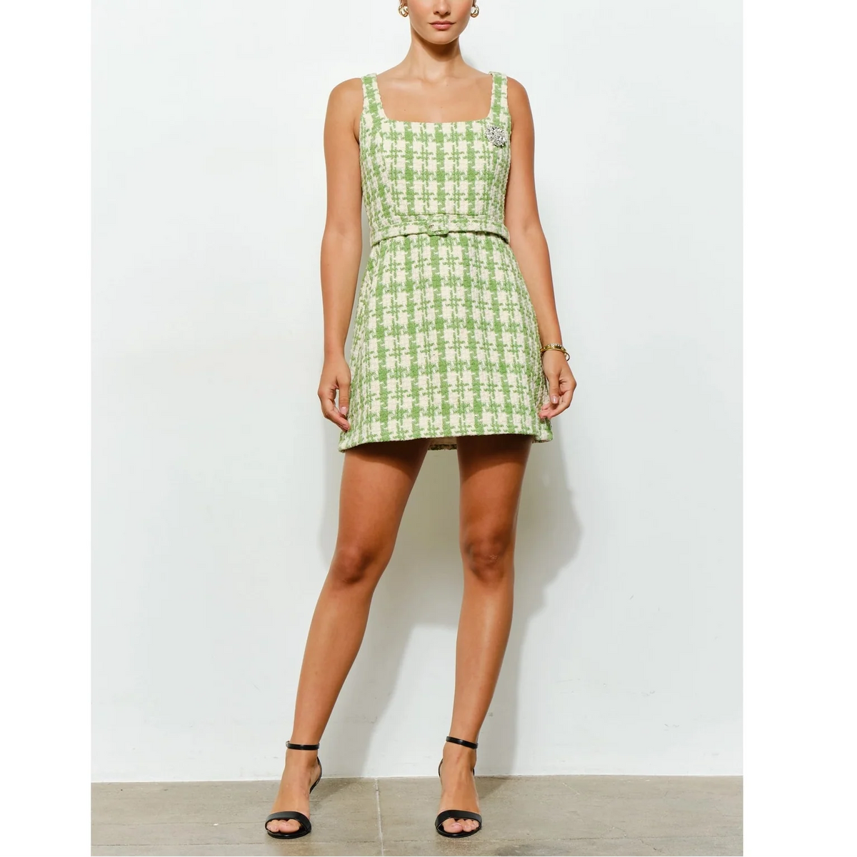 Check Tweed Brooch Detail Belted Mini Dress in Lime
