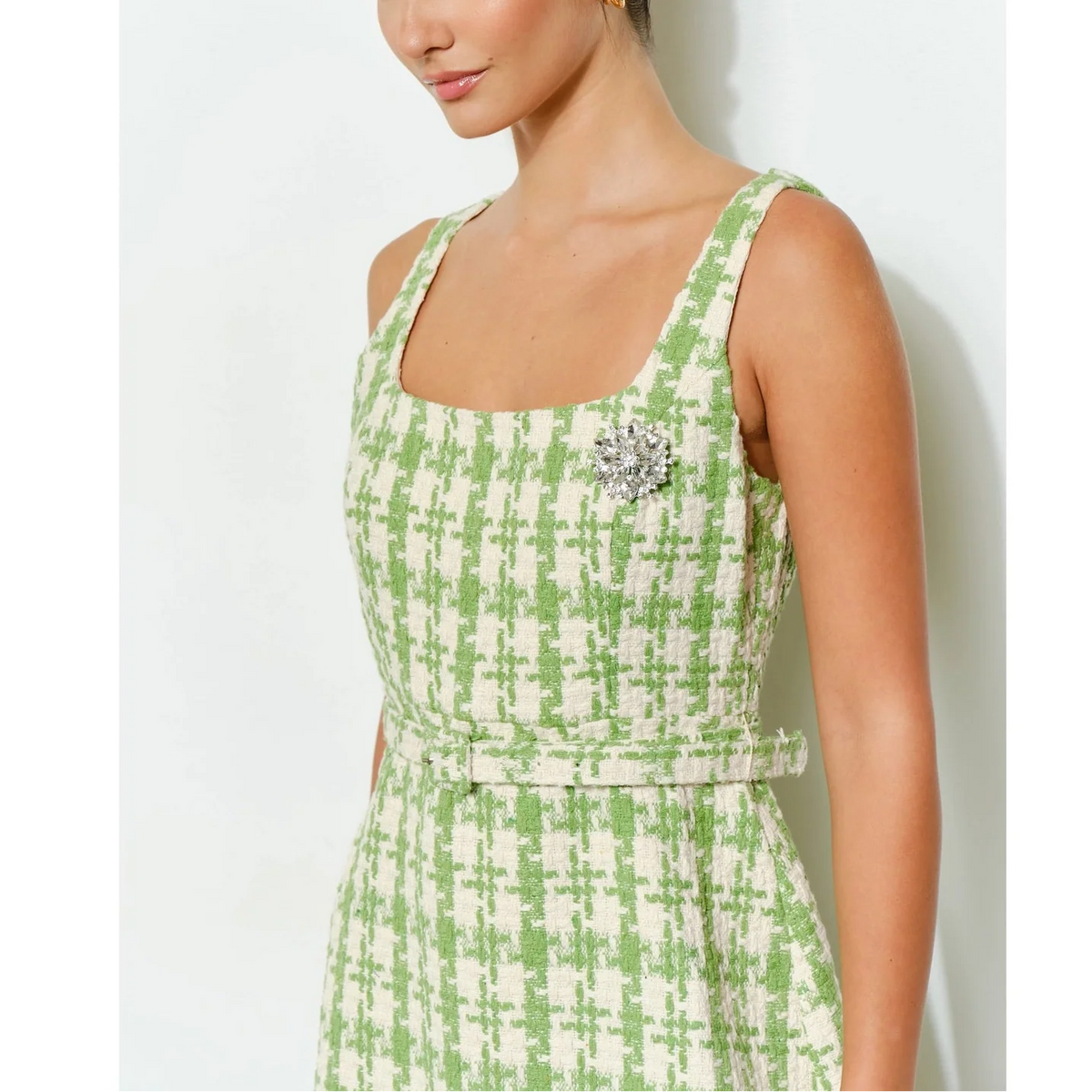 Check Tweed Brooch Detail Belted Mini Dress in Lime